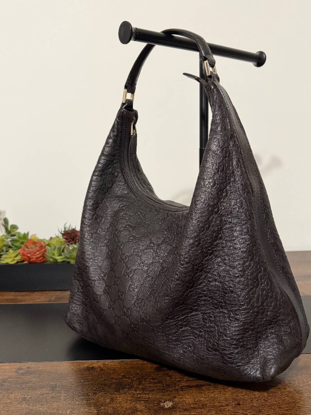 Gucci Guccissima Dark Brown Leather Hobo Shoulder Bag (w/ COA)